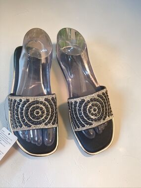 Beaded Black & Silver Slide Sandals with Crystal Embellishment